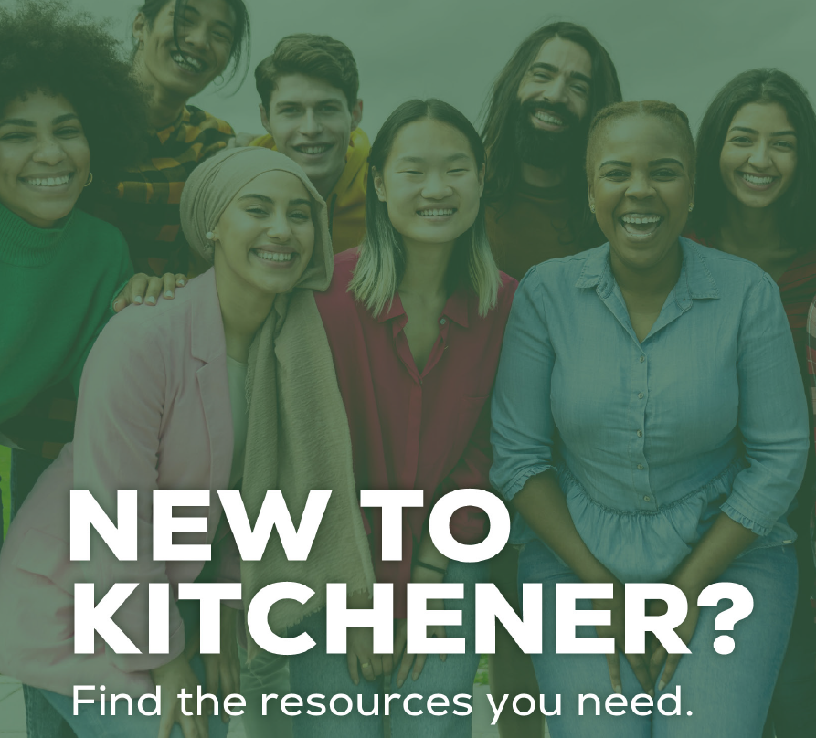 [A diverse group of smiling adults stands together behind bold text inviting newcomers to Kitchener to find resources, accompanied with a QR Code and website link]